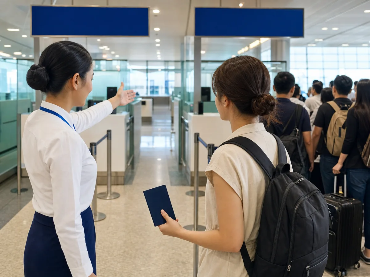 입국심사 우선 통로를 안내하는 공항 직원