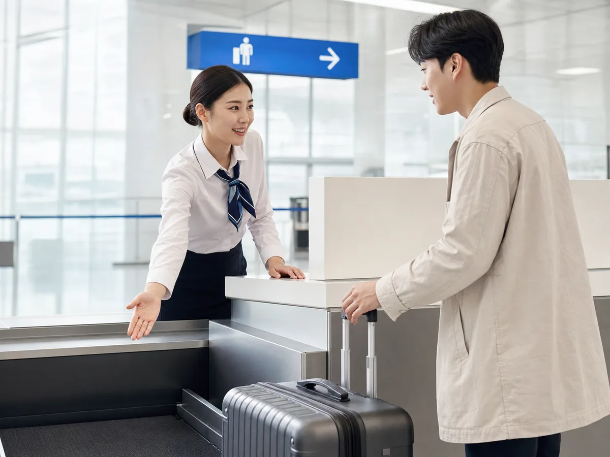 출국 체크인 수속을 돕는 공항 직원